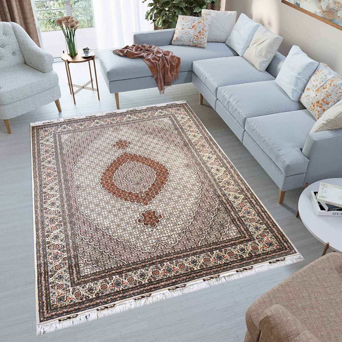 Price and Buy Authentic Persian Carpet with Wool Hand-Knotted in Khoy Riz Mahi Brown - Image 4