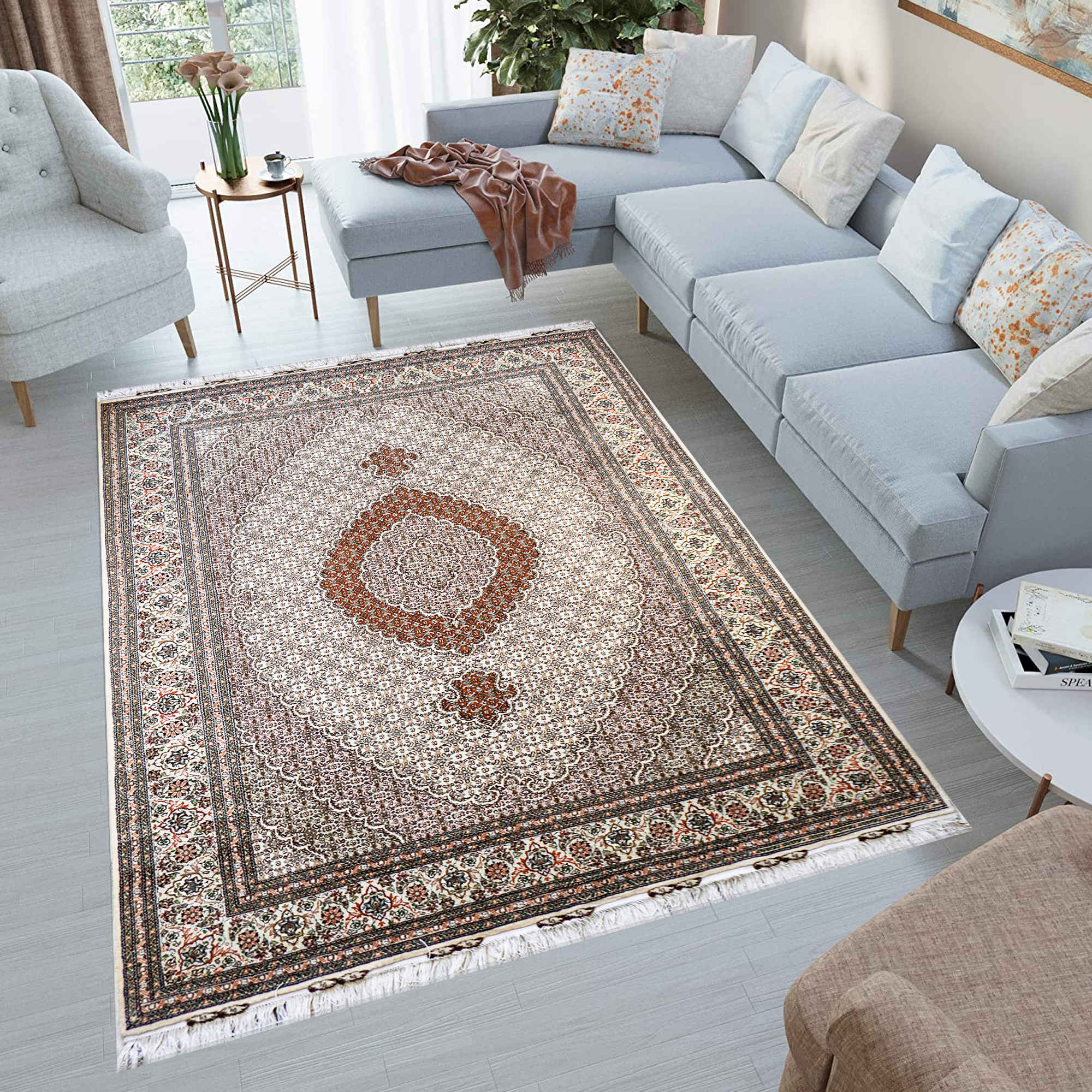 Price and Buy Authentic Persian Carpet with Wool Hand-Knotted in Khoy Riz Mahi Brown - Image 4