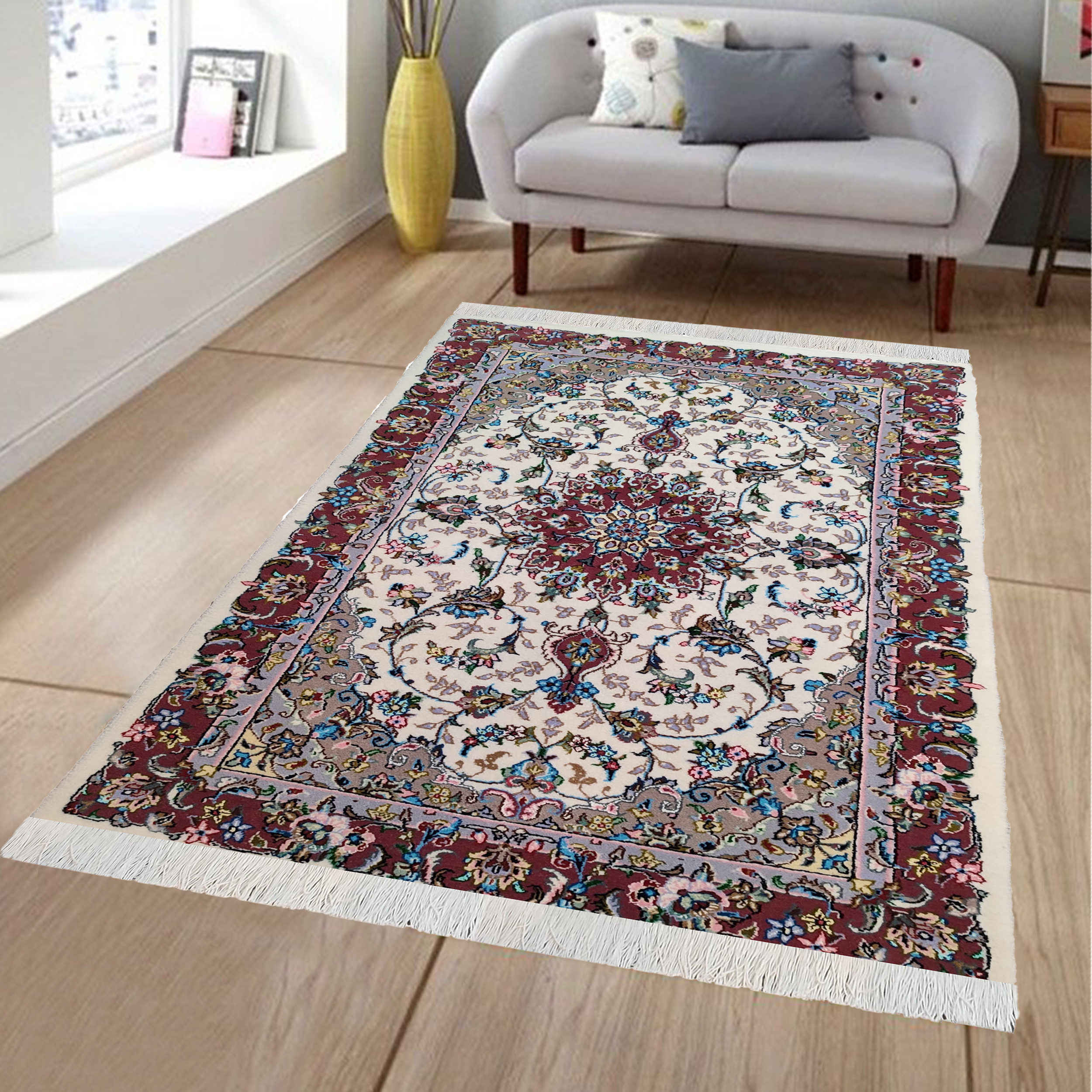 Price and Buy Authentic Persian Silk Carpet Hand-Knotted in Kashan Toranj Cream - Image 3