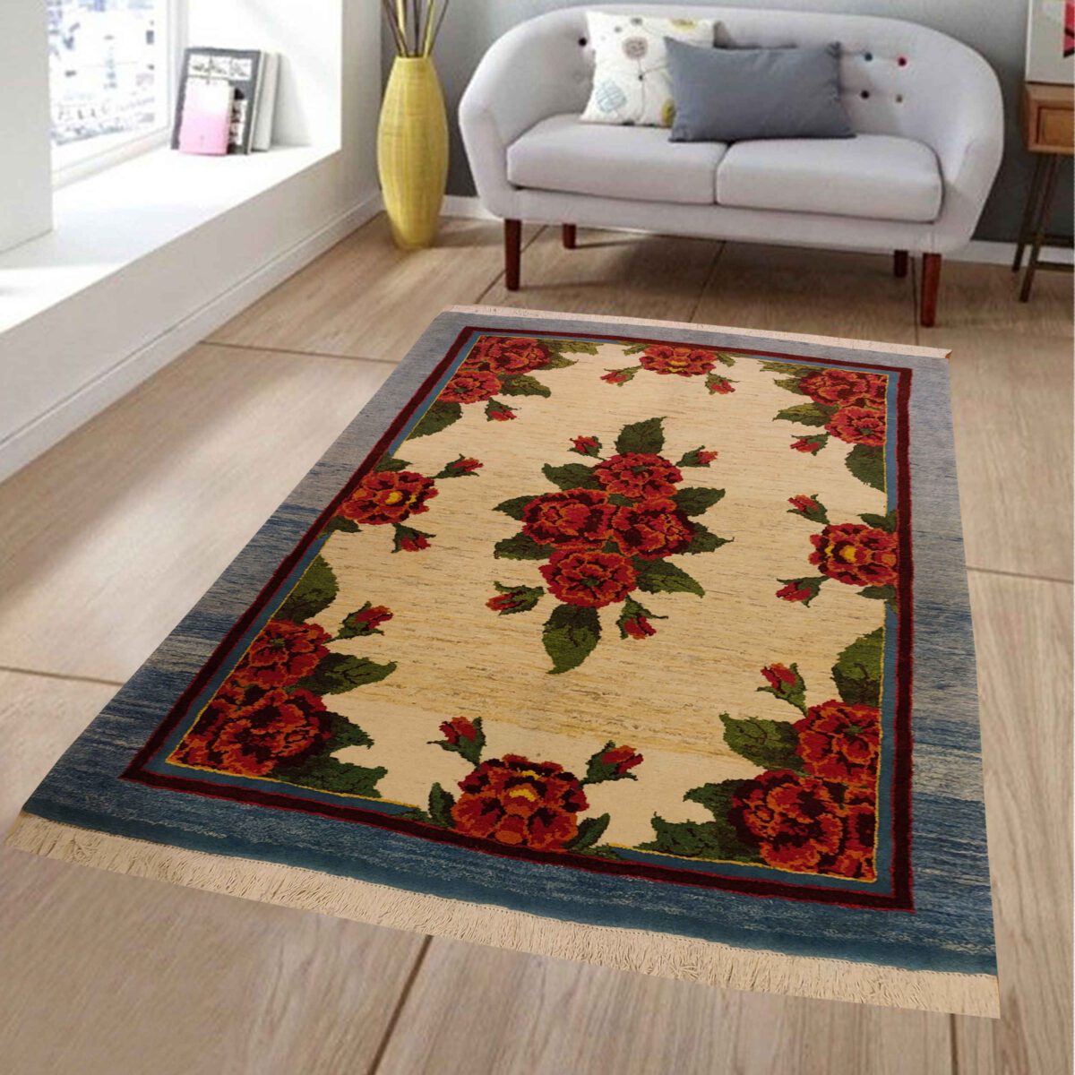 Price and Buy Authentic Persian Wool Carpet Hand-Knotted in Shiraz Floral Cream - Image 2