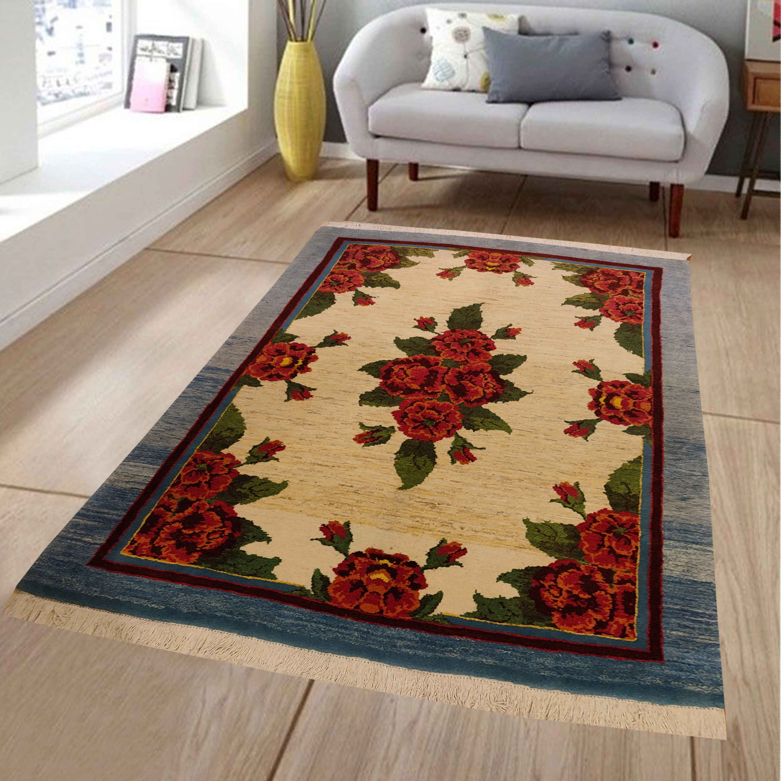Price and Buy Authentic Persian Wool Carpet Hand-Knotted in Shiraz Floral Cream - Image 2