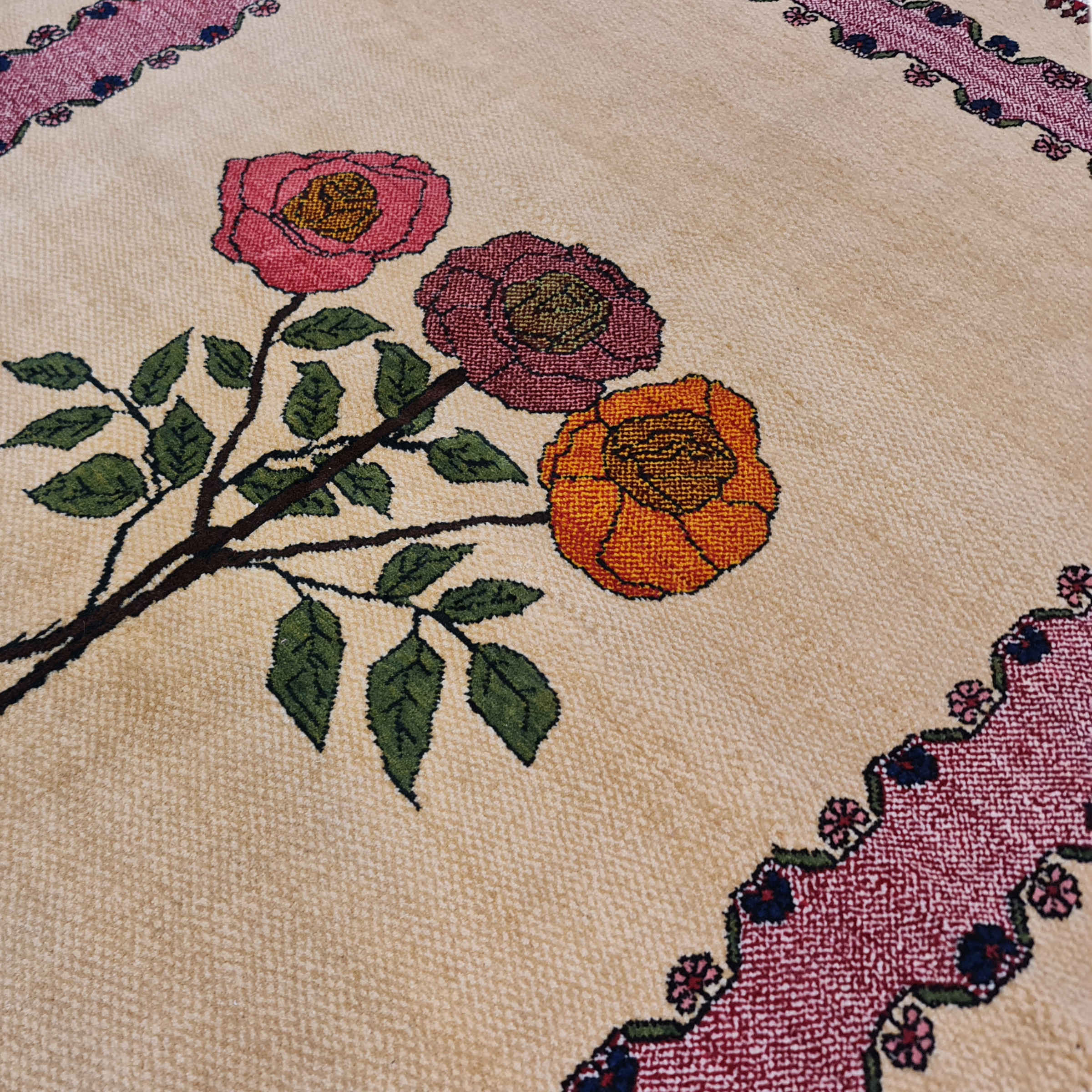 Price and Buy Genuine Persian Wool Carpet Hand-Knotted Rose Flowers Light Brown - Image 2