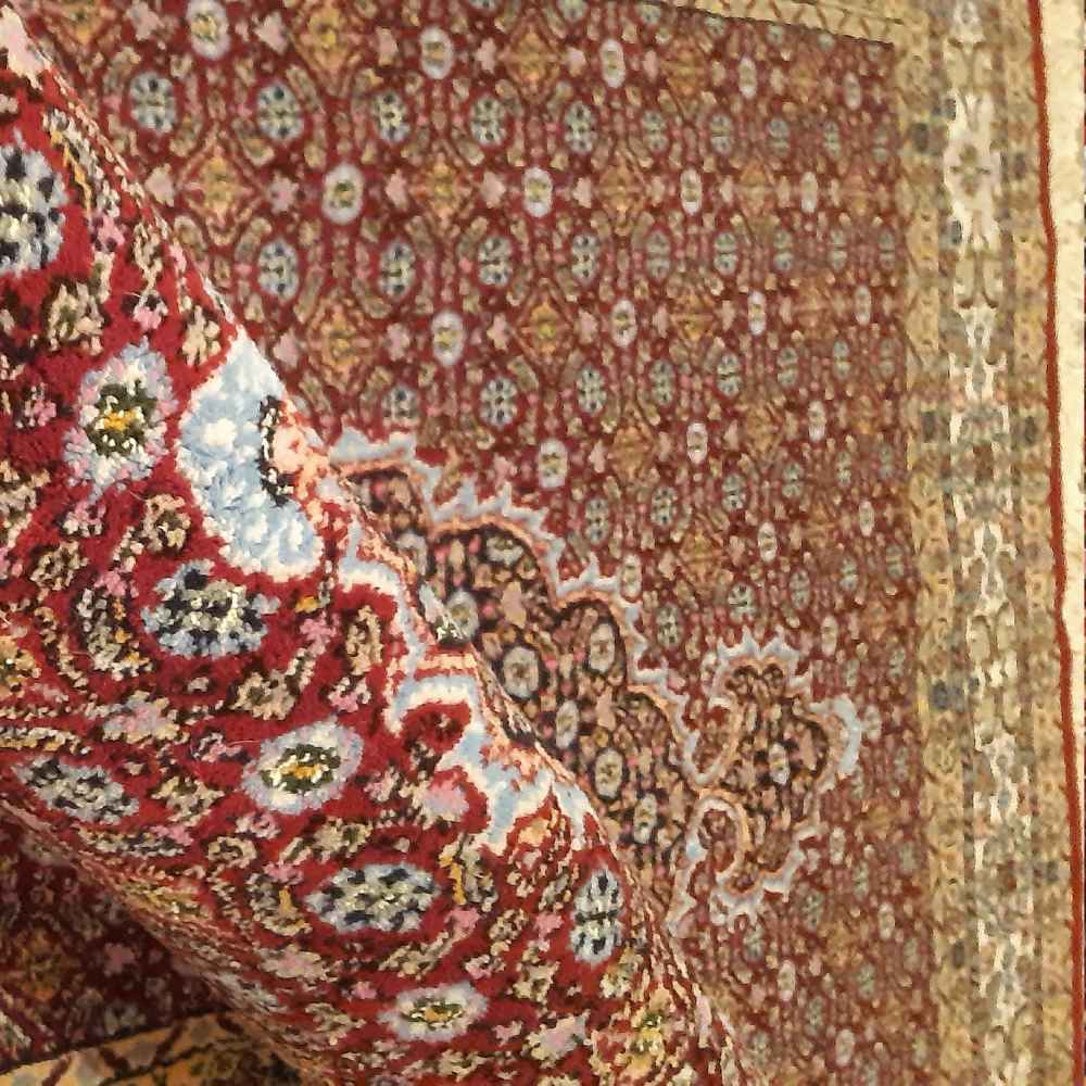 Price and Buy Genuine Persian Carpet with Silk Hand-Knotted Riz Mahi Red - Image 4