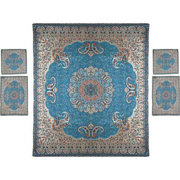 Iranian-Blue-Termeh-Bedspread-Model-Taban-Set-of-5 Price and Buy Persian Bedspread Set – Oriental Style Double Size with Termeh Fabric – Blue Taban