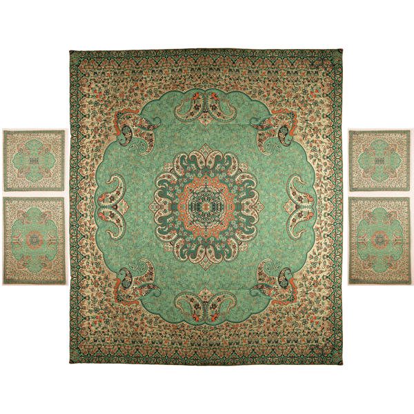 Iranian-Green-Termeh-Bedspread-Model-Negin-Set-of-5 Price and Buy Persian Bedspread Set – Oriental Style Double Size with Termeh Fabric – Green Negin