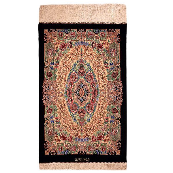 Iranian-Hand-Knotted-Qom-Black-Carpet-Model-Lachak Price and Buy Qom Medallion Hand-Knotted Persian Silk Carpet Lachak
