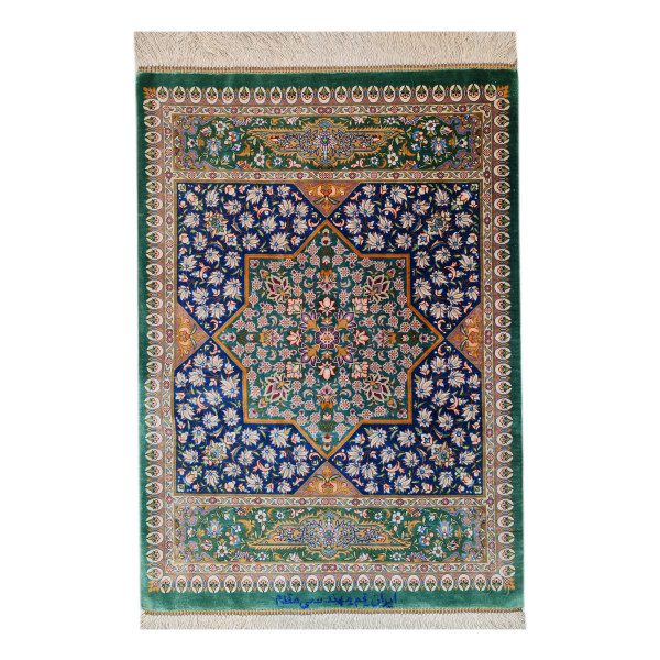 Iranian-Hand-Knotted-Qom-Green-Carpet-Crowded-Design Price and Buy Qom Hand-Knotted Persian Silk Carpet Crowded Design