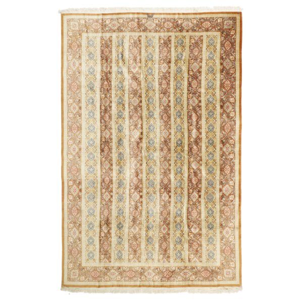 Persian-Rug-with-Silk-Hand-Knotted-in-Ghom-Boteh-Light-Brown Price and Buy Persian Carpet with Silk Hand-Knotted in Ghom Boteh Light Brown