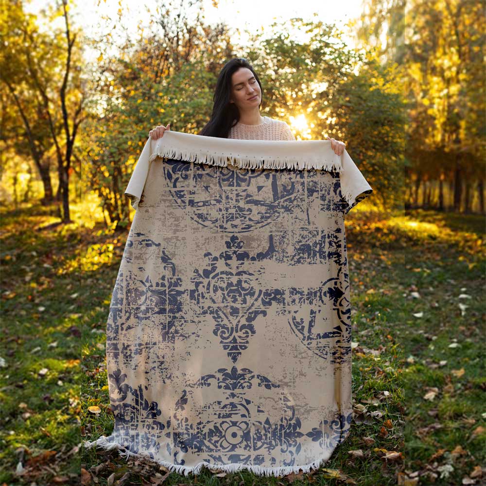 Price and Buy Velvet Throw Soft & Light for Sofa Cream Vintage Print - Image 3