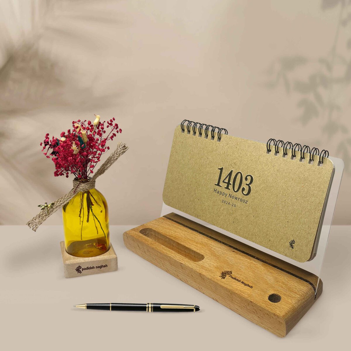 Price and Buy 1403 Persian Desk Calendar Wooden with Mobile Phone Holder - Image 3