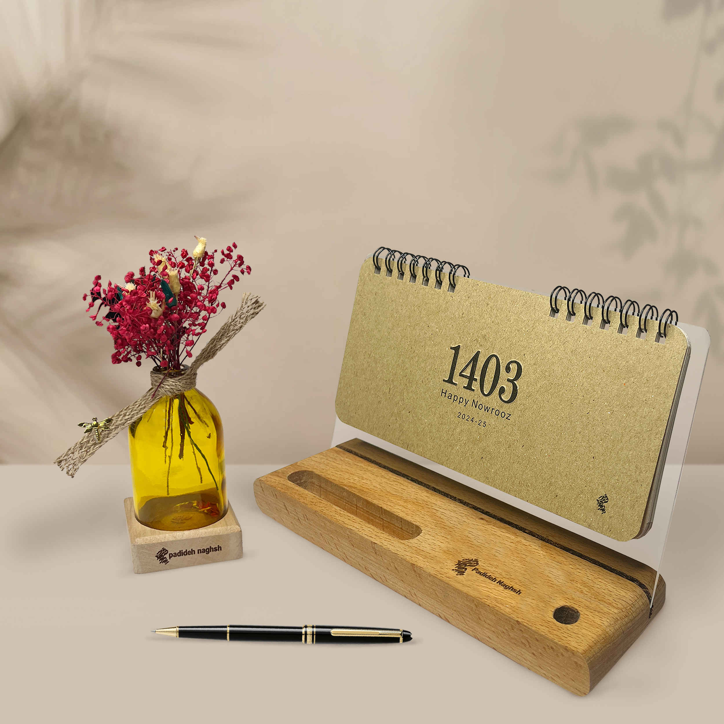 Price and Buy 1403 Persian Desk Calendar Wooden with Mobile Phone Holder - Image 3