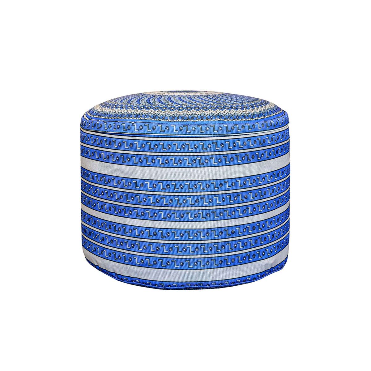 Price and Buy Artisanal Round Pouf with White & Blue Fabric