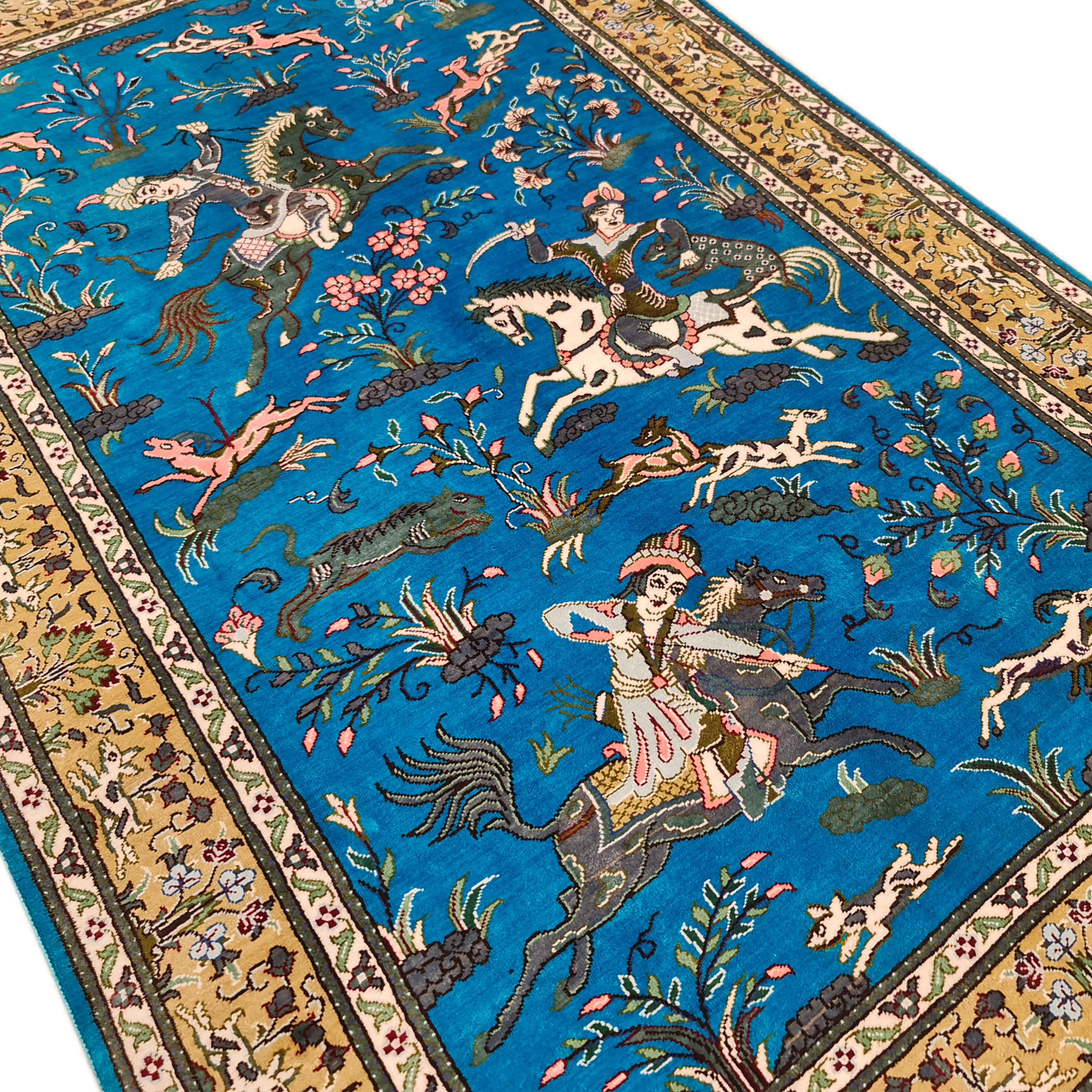 Price and Buy Authentic Persian Prayer Silk Rug Hand-Knotted & Luxurious Sajada Hunting - Image 4