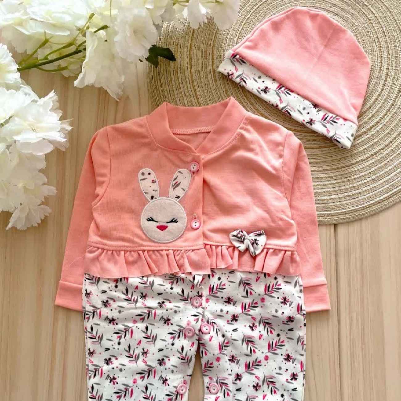 Price and Buy Baby Long Sleeve Jumpsuit and Hat Set Bunny & Floral Pattern_690261c34a695.jpeg Price and Buy Baby Long Sleeve Jumpsuit and Hat Set Bunny & Floral Pattern - Image 1