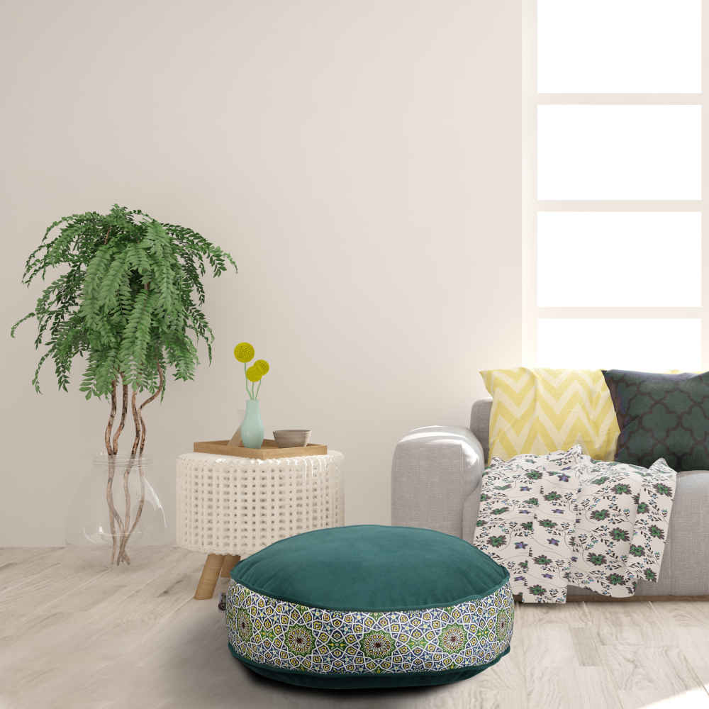 Price and Buy Bohemian Large Round Velvet Pouffe Inspired by Persian Art Green Haleh - Image 4