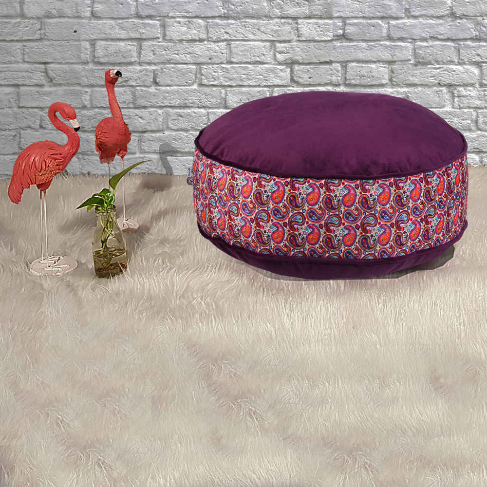 Price and Buy Bohemian Large Round Velvet Pouffe Inspired by Persian Art Purple Paisley - Image 4