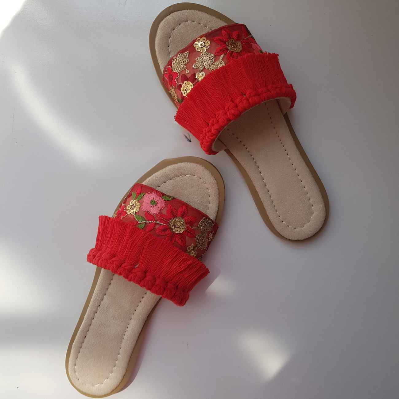 Price and Buy Boho-Style Indoor Summer Slipper – Floral Embroidery & Macrame in Red_6902df9f98b61.jpeg Price and Buy Boho-Style Indoor Summer Slipper – Floral Embroidery & Macrame in Red - Image 1