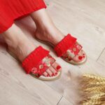 Price and Buy Boho-Style Indoor Summer Slipper – Floral Embroidery & Macrame in Red - Image 3