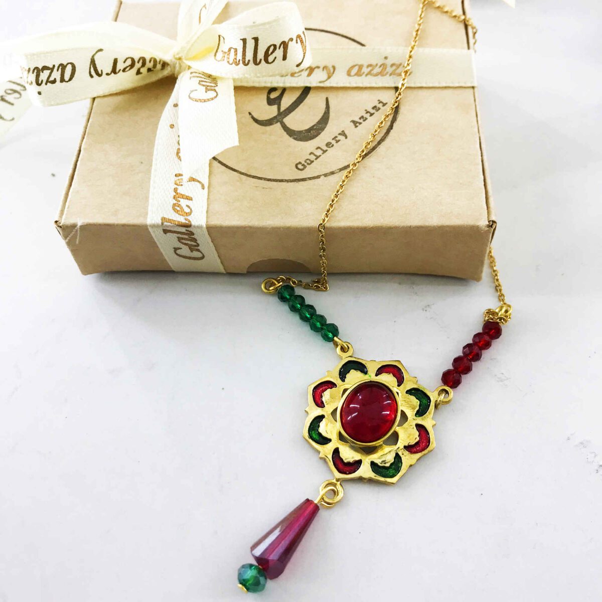 Price and Buy Brass Necklace Persian Traditional Theme for Women with Red and Green Agate - Image 3
