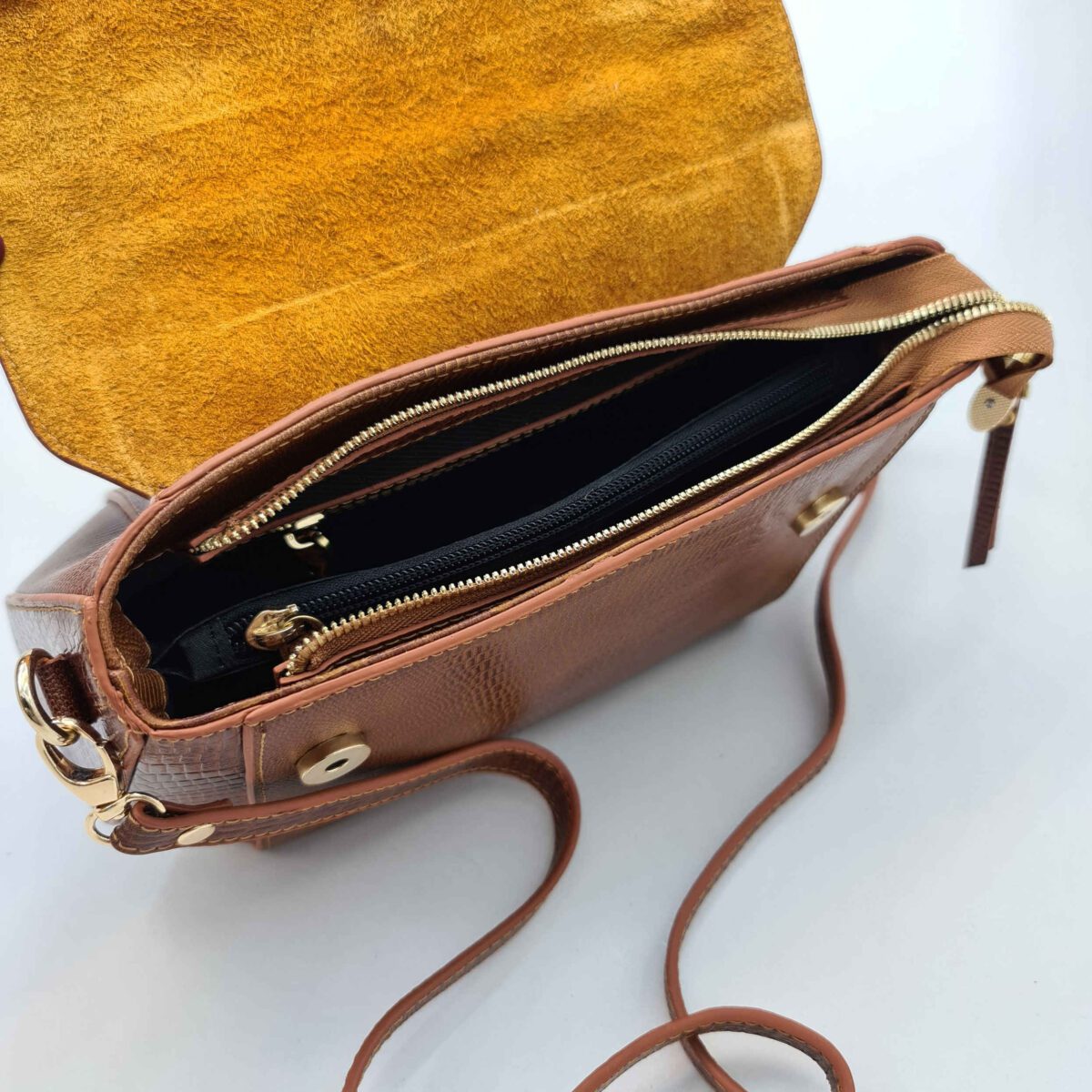 Price and Buy Brown Leather Bauletto Handbag with Single Handle & Long Strap - Image 3