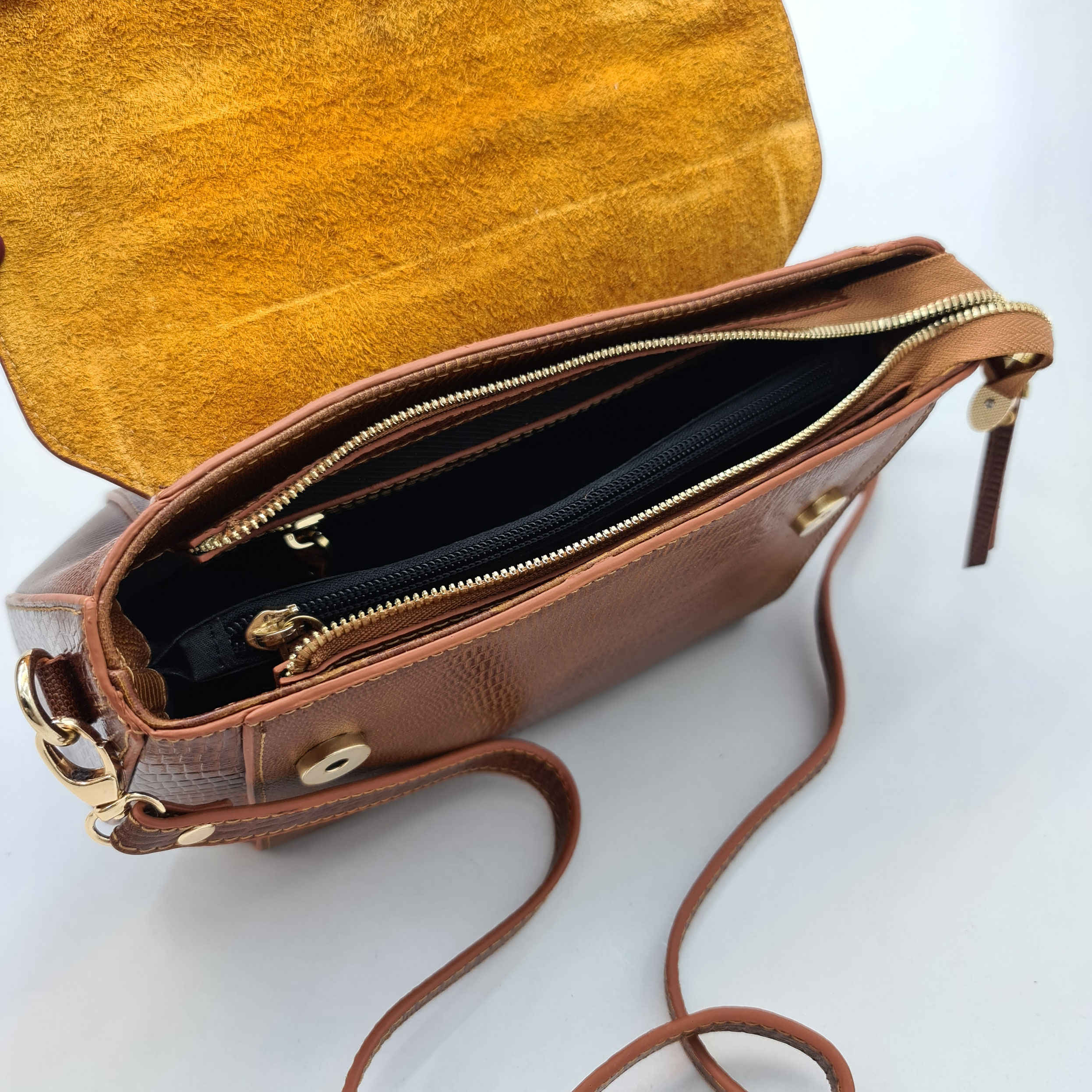 Price and Buy Brown Leather Bauletto Handbag with Single Handle & Long Strap - Image 3