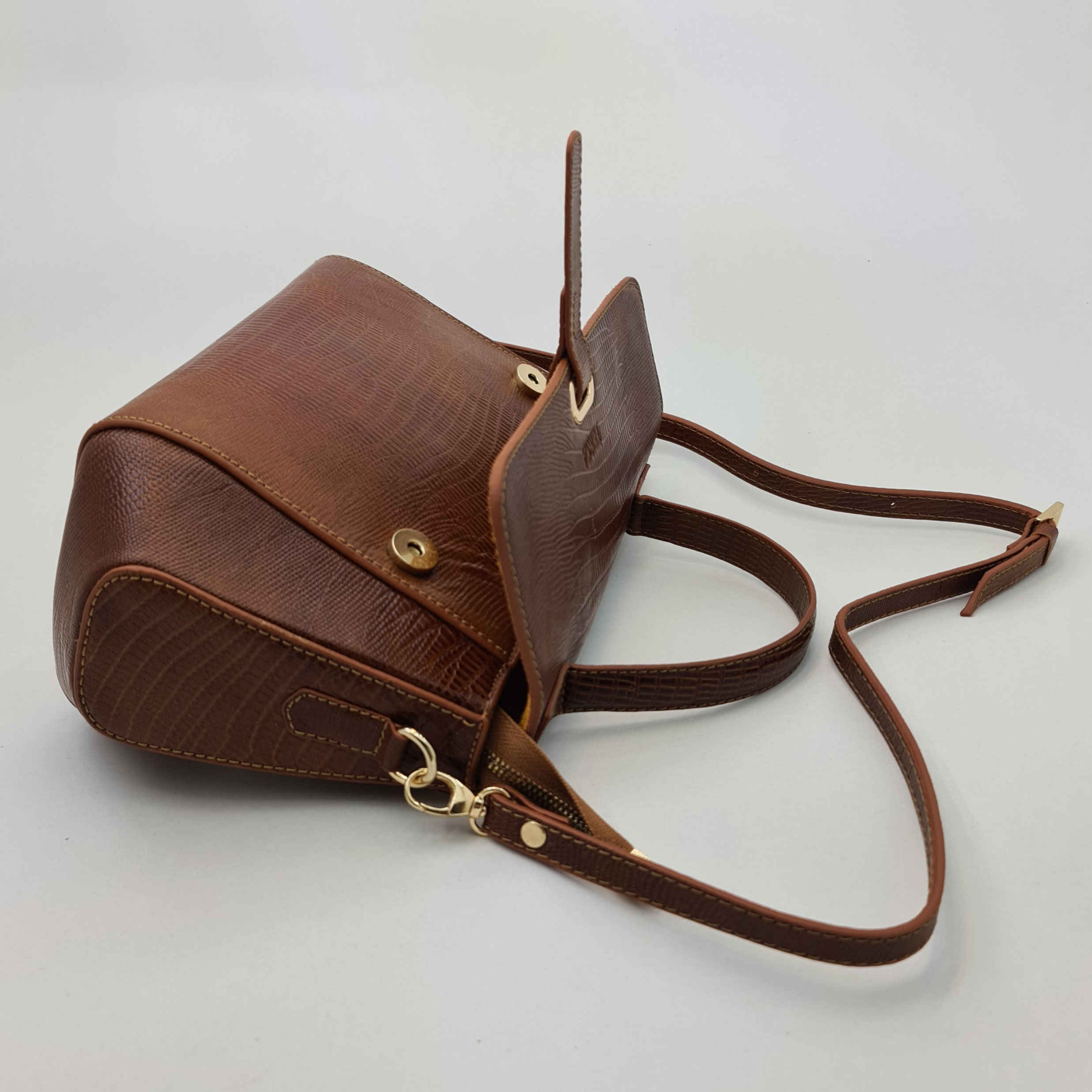 Price and Buy Brown Leather Bauletto Handbag with Single Handle & Long Strap - Image 4