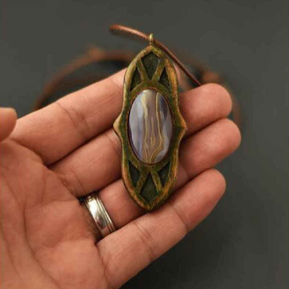 Price and Buy Carved Wood Pendant with Agate Gemstone Handcrafted Artistic Eslimi - Image 3