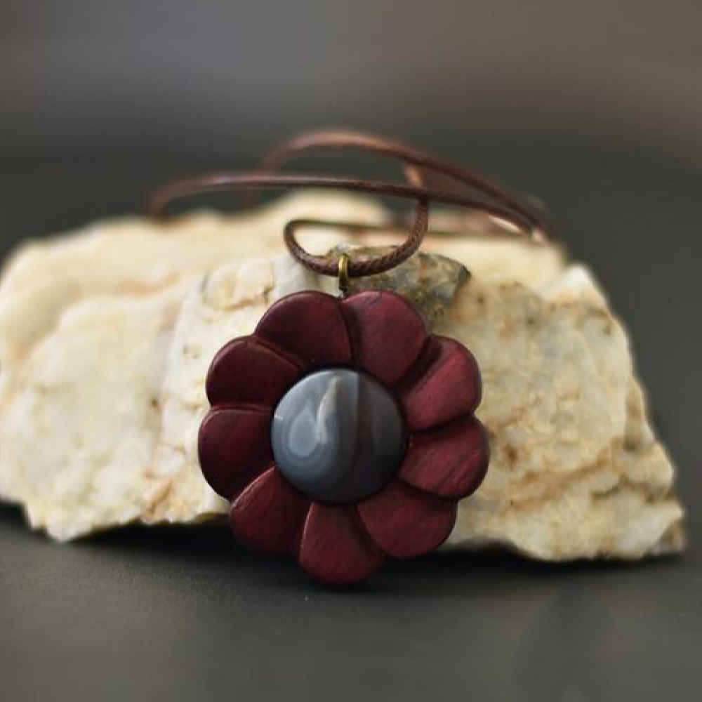 Price and Buy Carved Wood Pendant with Agate Gemstone Handcrafted Artistic Flower