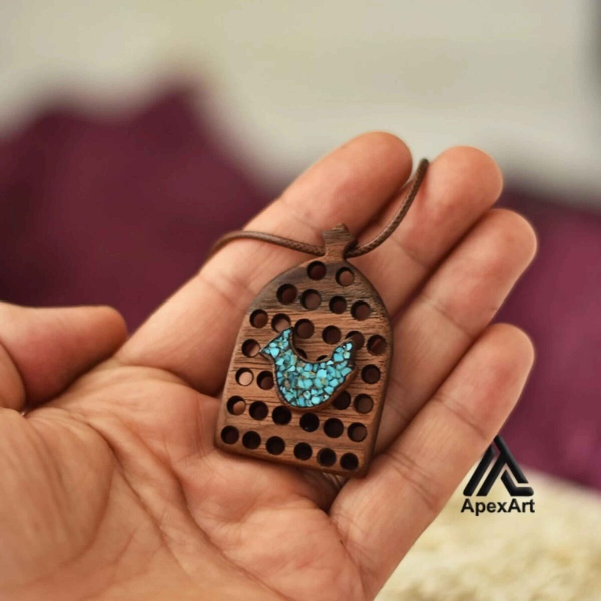 Price and Buy Carved Wood Pendant with Turquoise Gemstone Handcrafted Artistic Amin Bird - Image 3
