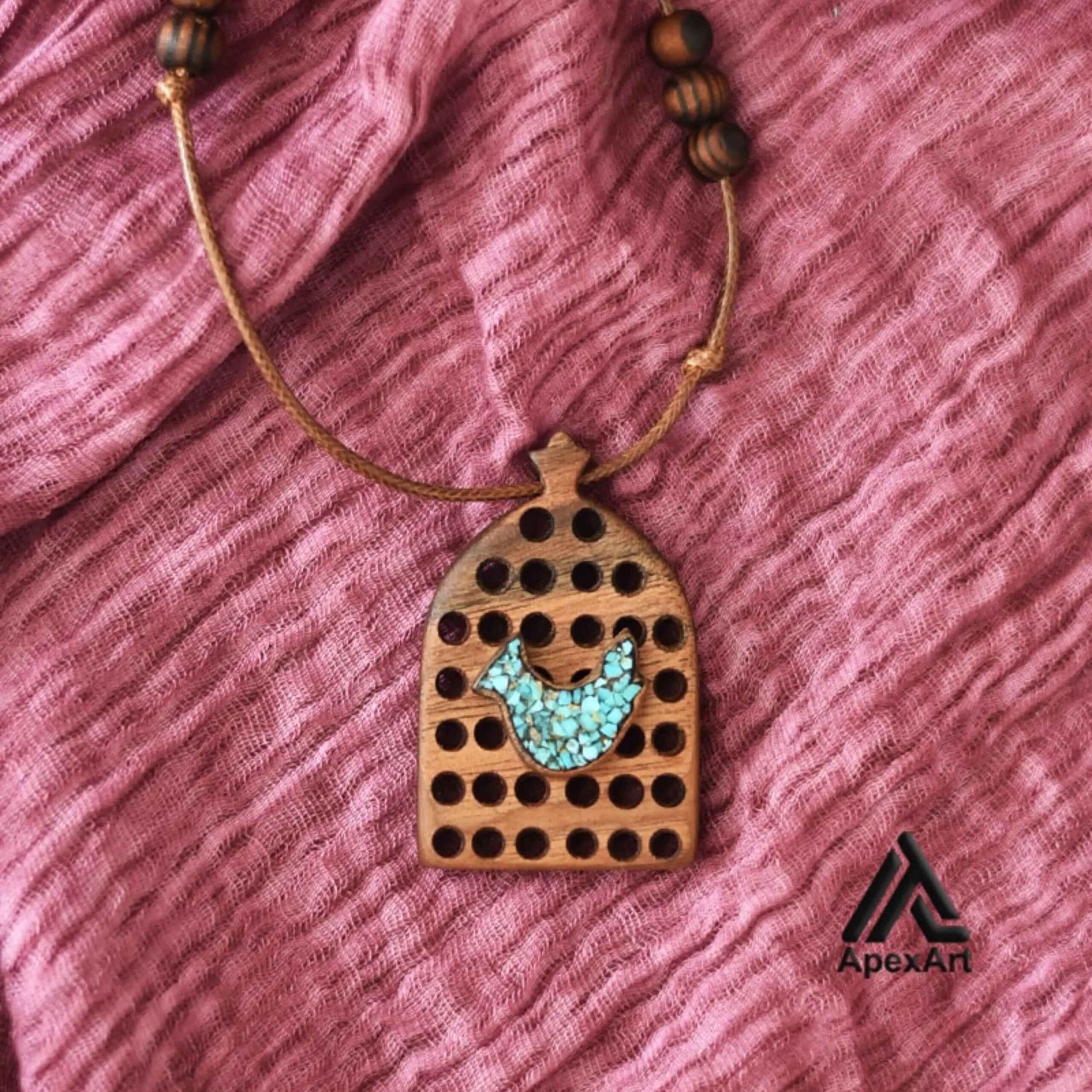 Price and Buy Carved Wood Pendant with Turquoise Gemstone Handcrafted Artistic Amin Bird - Image 4