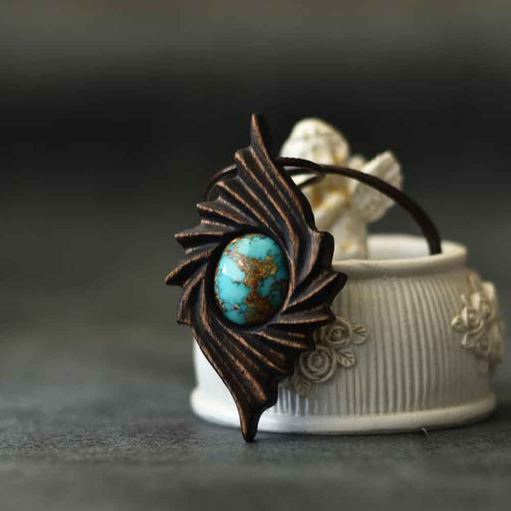 Price and Buy Carved Wood Pendant with Turquoise Gemstone Handcrafted Artistic Exir