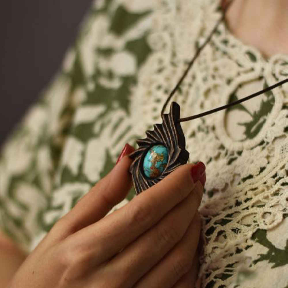 Price and Buy Carved Wood Pendant with Turquoise Gemstone Handcrafted Artistic Exir - Image 3