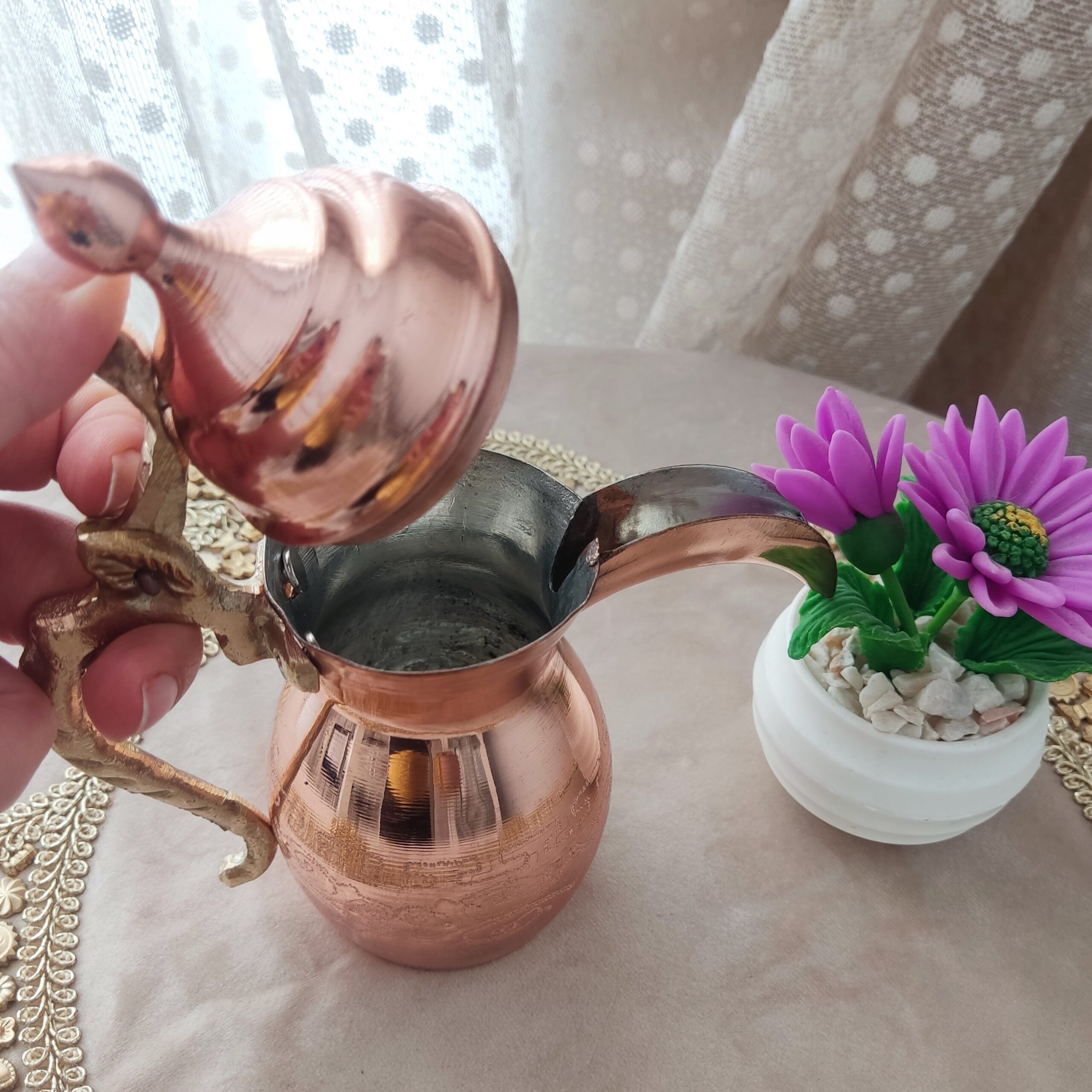 Price and Buy Copper Dallah Coffee Pot for Brewing Qahwa & Arabic Coffee, Tinned Inside with Brass Handle - Image 3