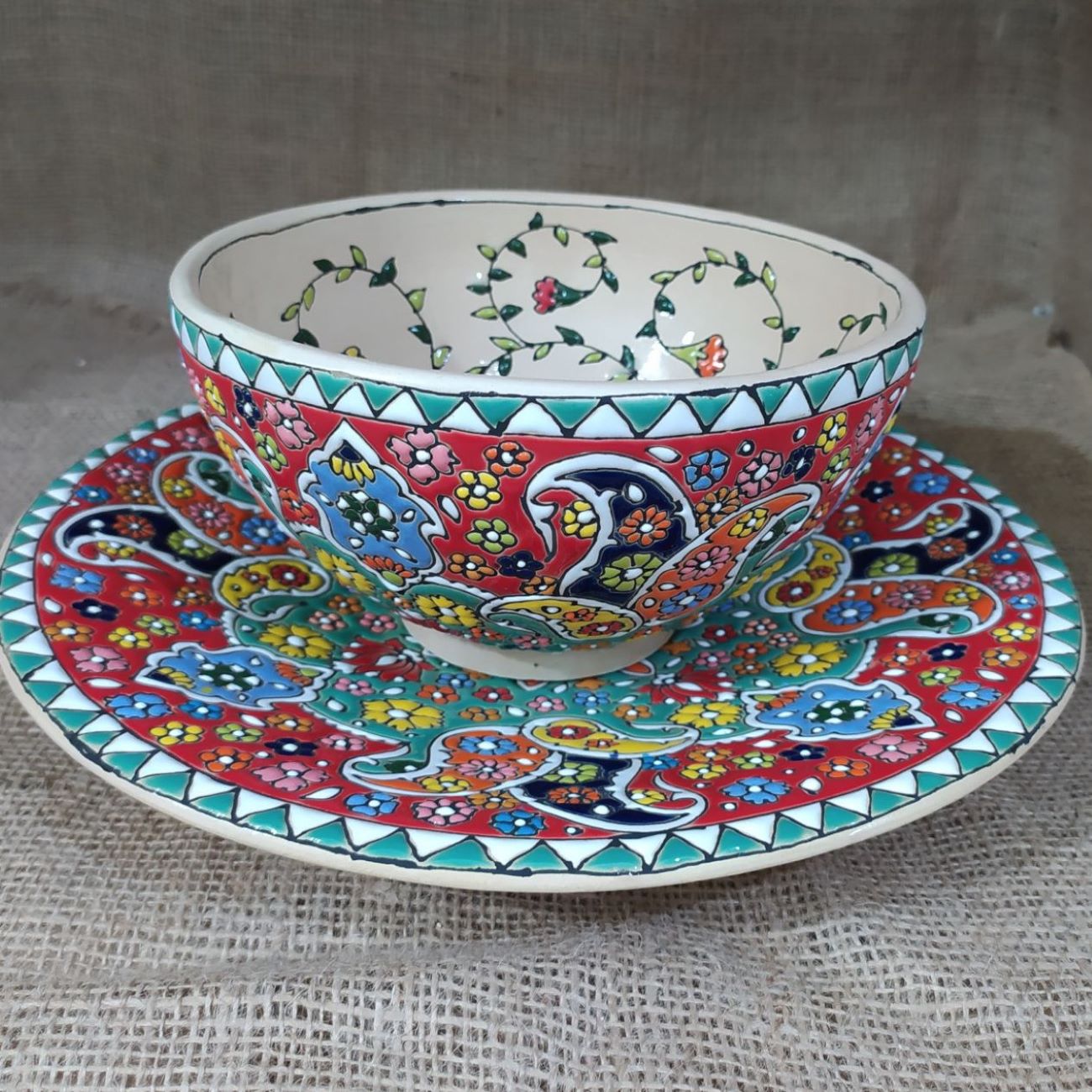 Price and Buy Decorative Persian Minakari Pottery Bowl & Plate Set Handcrafted Enamal Model Mona