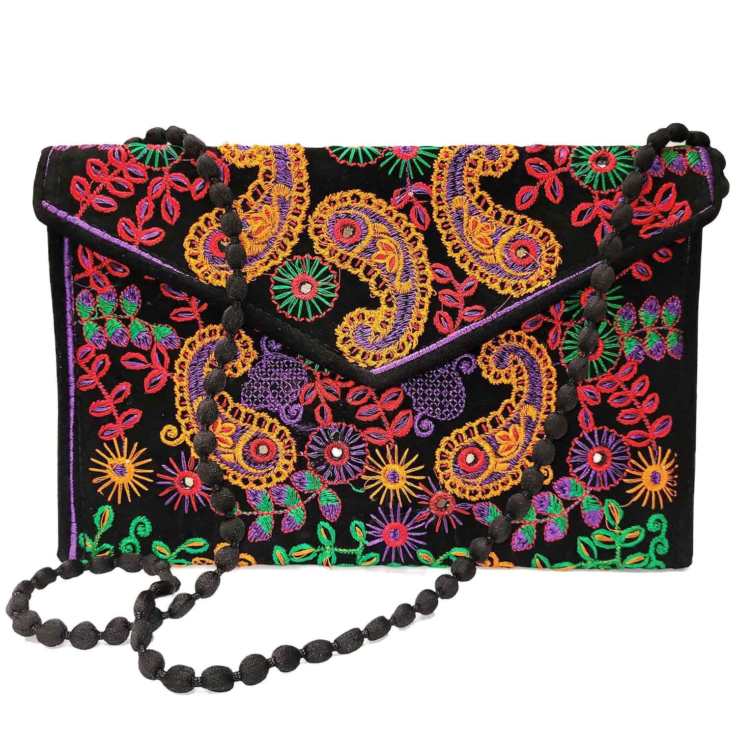 Price and Buy Embroidered Ethnic Velvet Clutch Handbag with Paisley Pattern