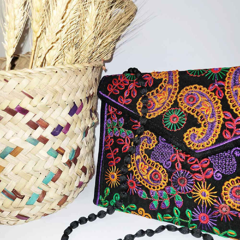 Price and Buy Embroidered Ethnic Velvet Clutch Handbag with Paisley Pattern - Image 3