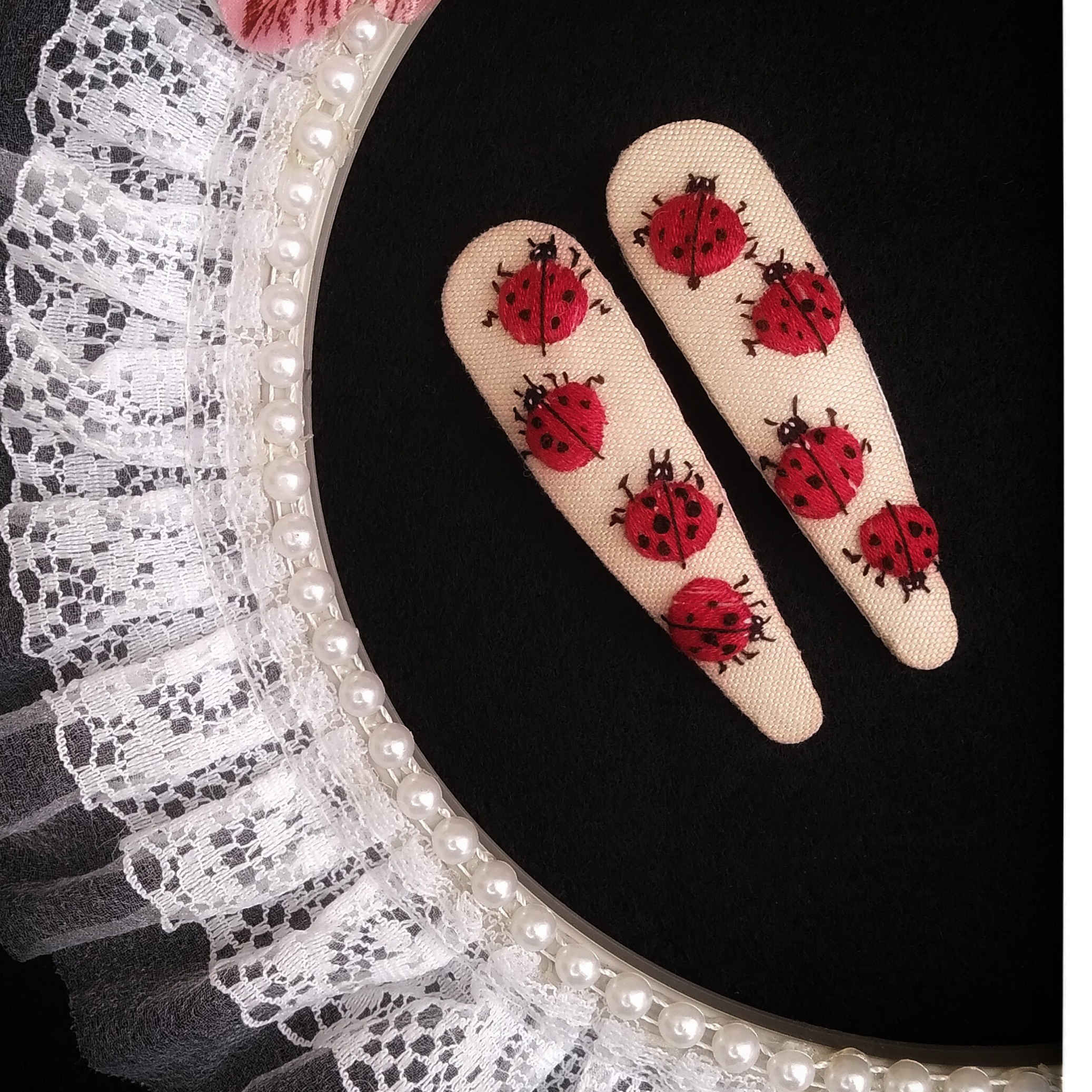 Price and Buy Embroidered Snap Hair Clip Set with Lady Bug Design Handwoven