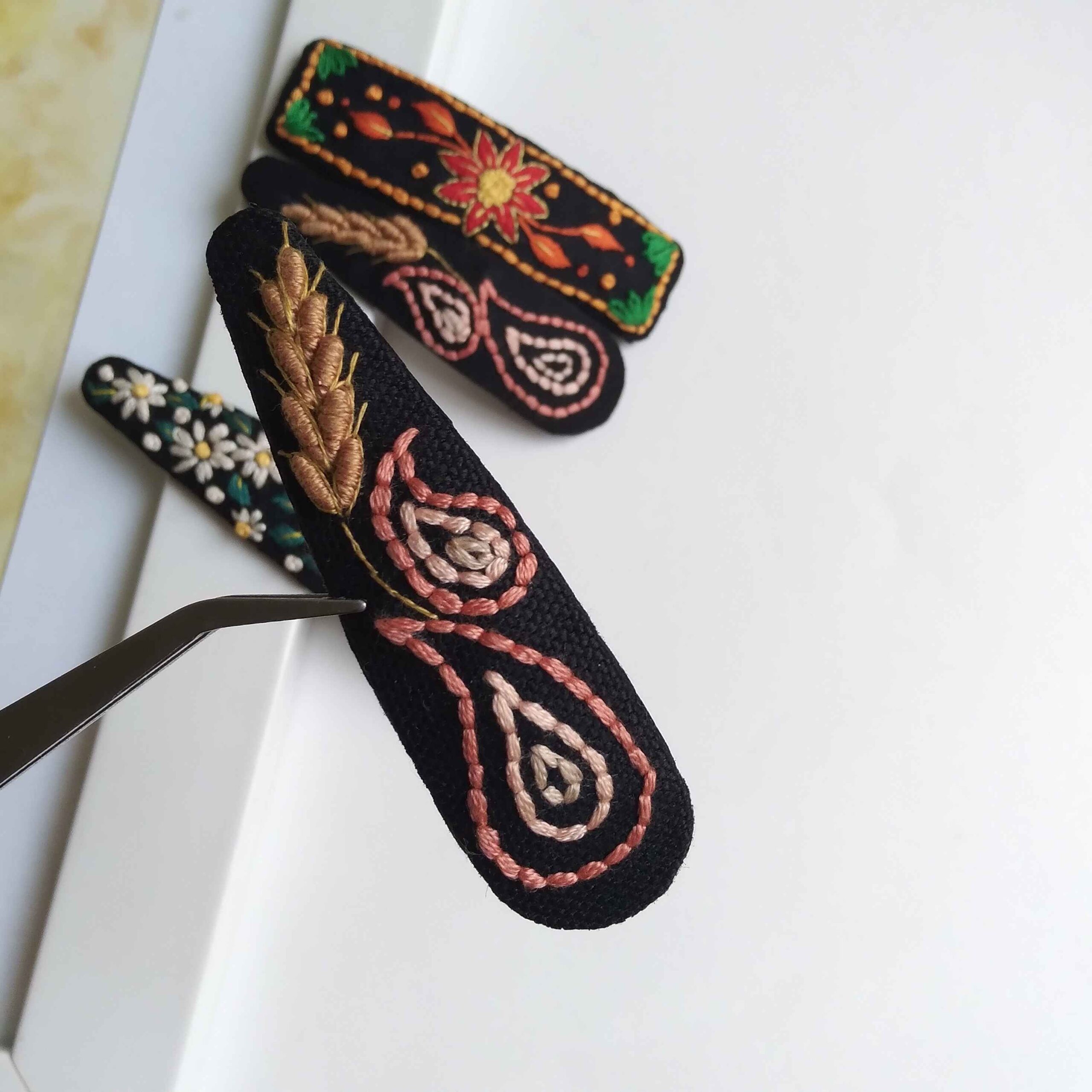 Price and Buy Embroidered Snap Hair Clip Set with Paisley Design Handwoven - Image 3