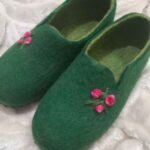 Price and Buy Emerald Wool Felt Slippers with Hand-Stitched Rose Pattern