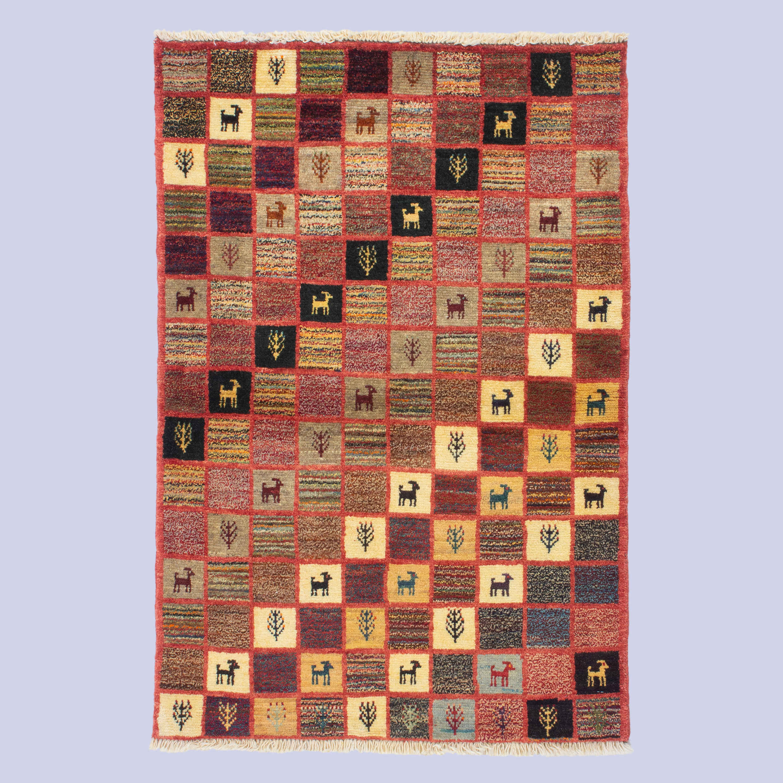 Price and Buy Genuine Persian Gabbeh Wool Rug Handwoven with Checkered Animal Motifs