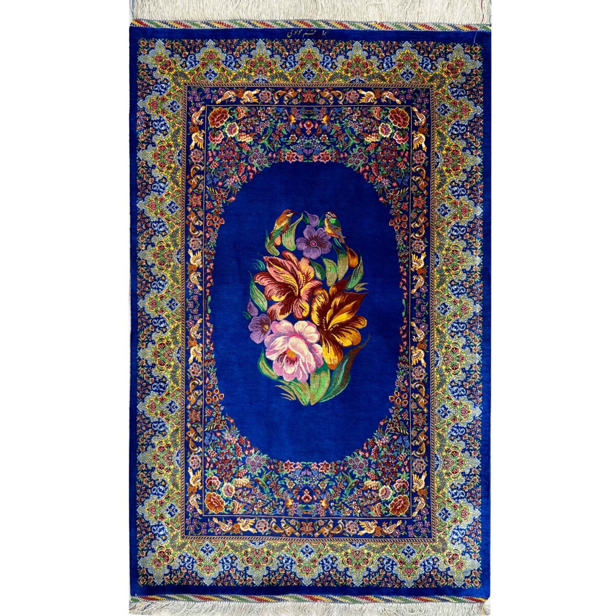 Price and Buy Genuine Persian Silk Carpet Hand-Knotted in Ghom Floral Blue