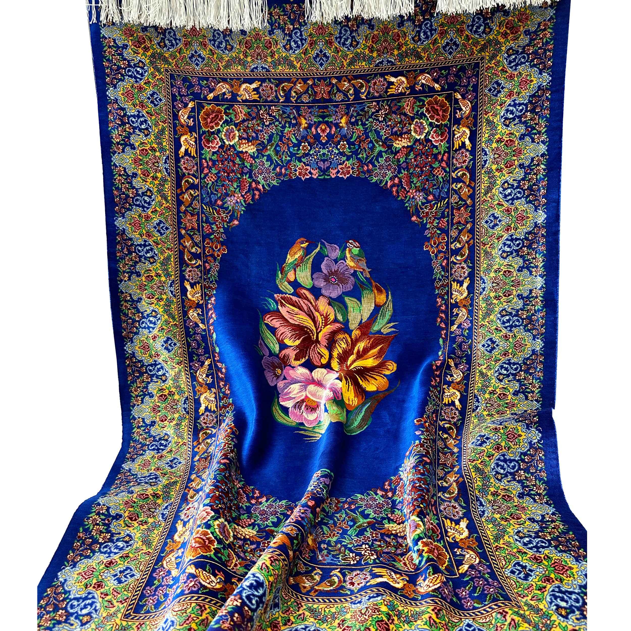 Price and Buy Genuine Persian Silk Carpet Hand-Knotted in Ghom Floral Blue - Image 3