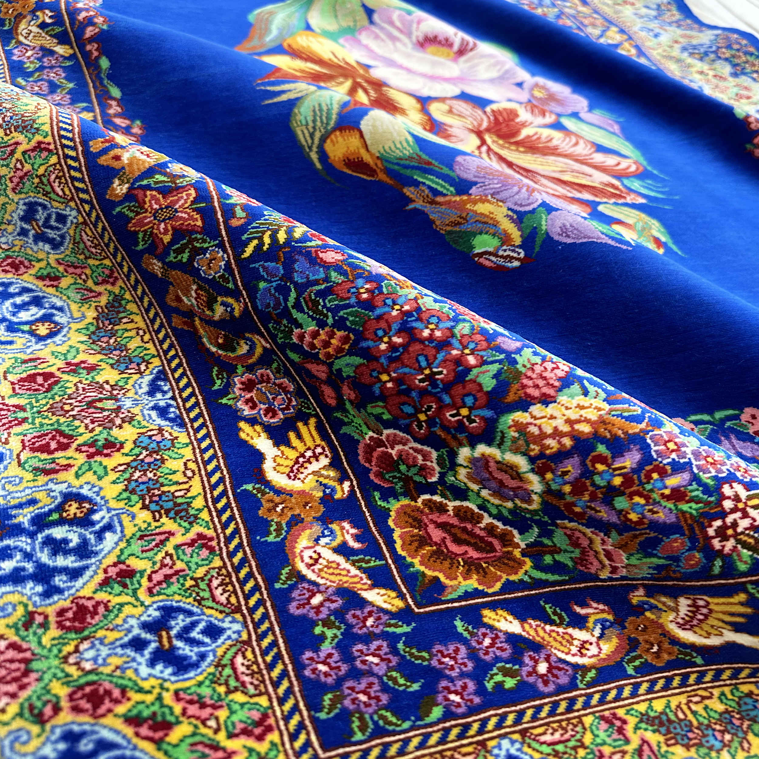 Price and Buy Genuine Persian Silk Carpet Hand-Knotted in Ghom Floral Blue - Image 6