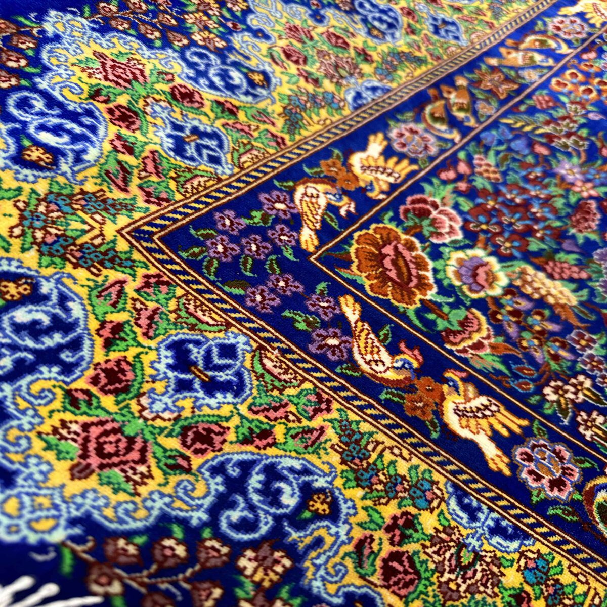 Price and Buy Genuine Persian Silk Carpet Hand-Knotted in Ghom Floral Blue - Image 8