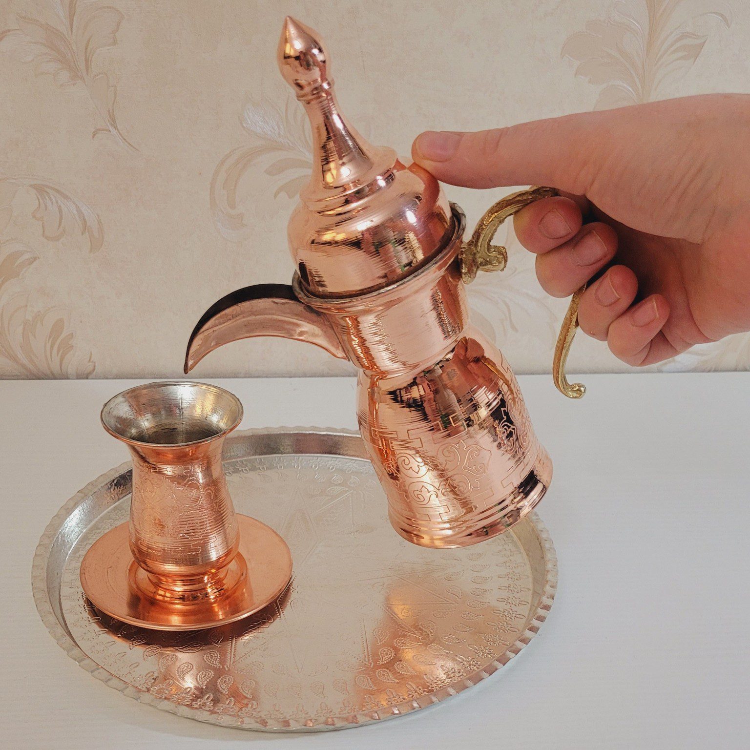 Price and Buy Hammered Copper Dallah Coffee Pot for Brewing Qahwa & Arabic Coffee – Yasmine - Image 3