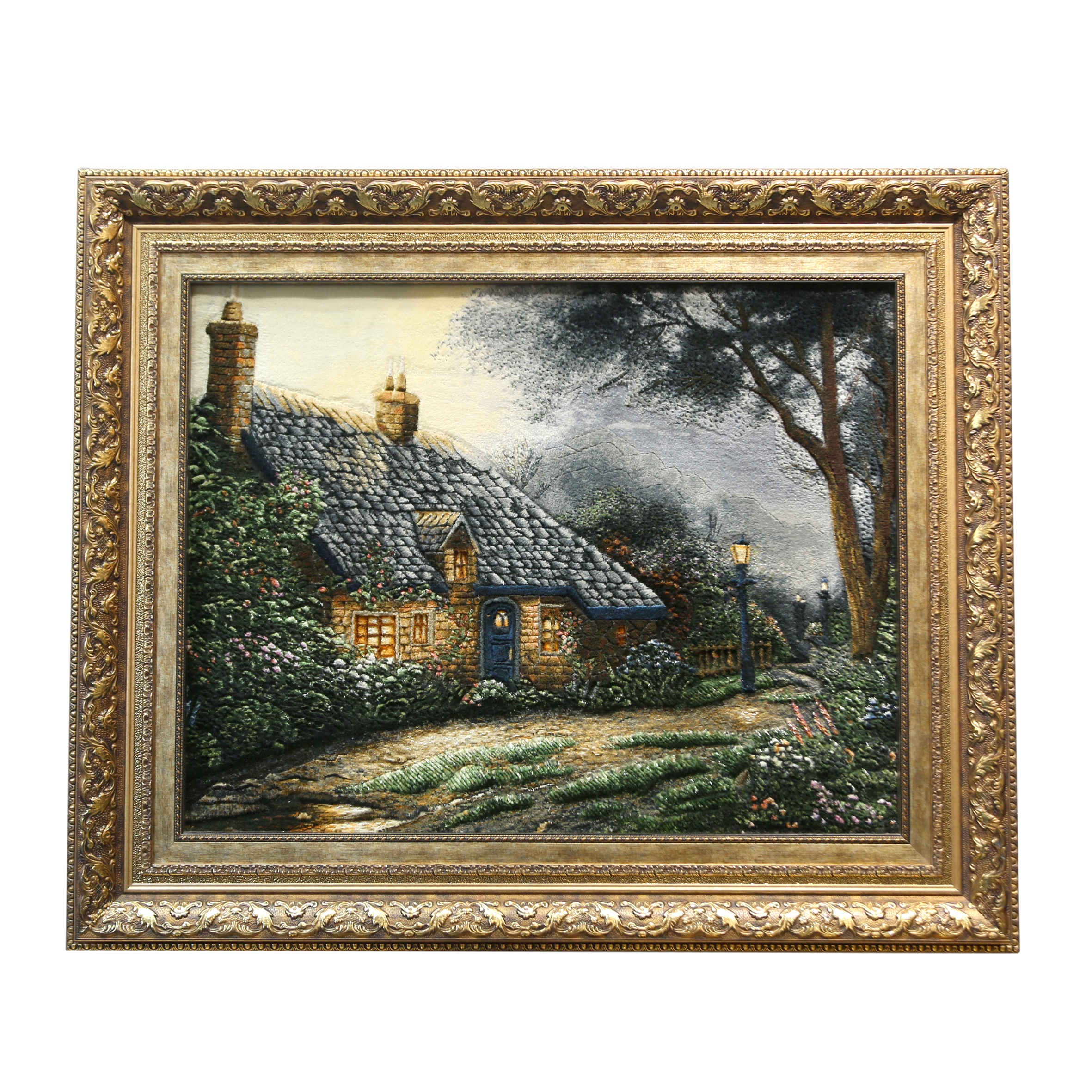 Price and Buy Hand-Knotted Persian Pictorial Rug from Tabriz Depicting Thomas Kinkade Foxglove Cottage