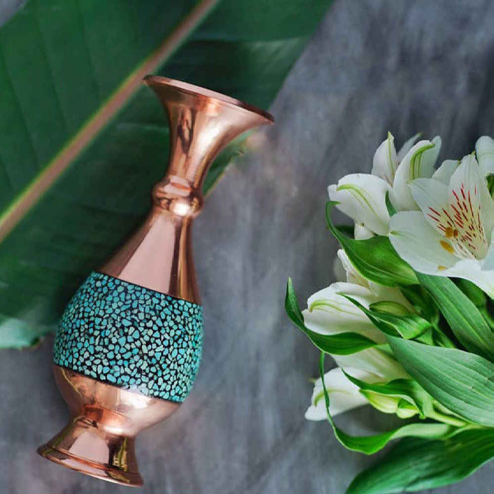 Price and Buy Handcrafted Decorative Persian Inlaid Turquoise Copper Vase Elham - Image 3