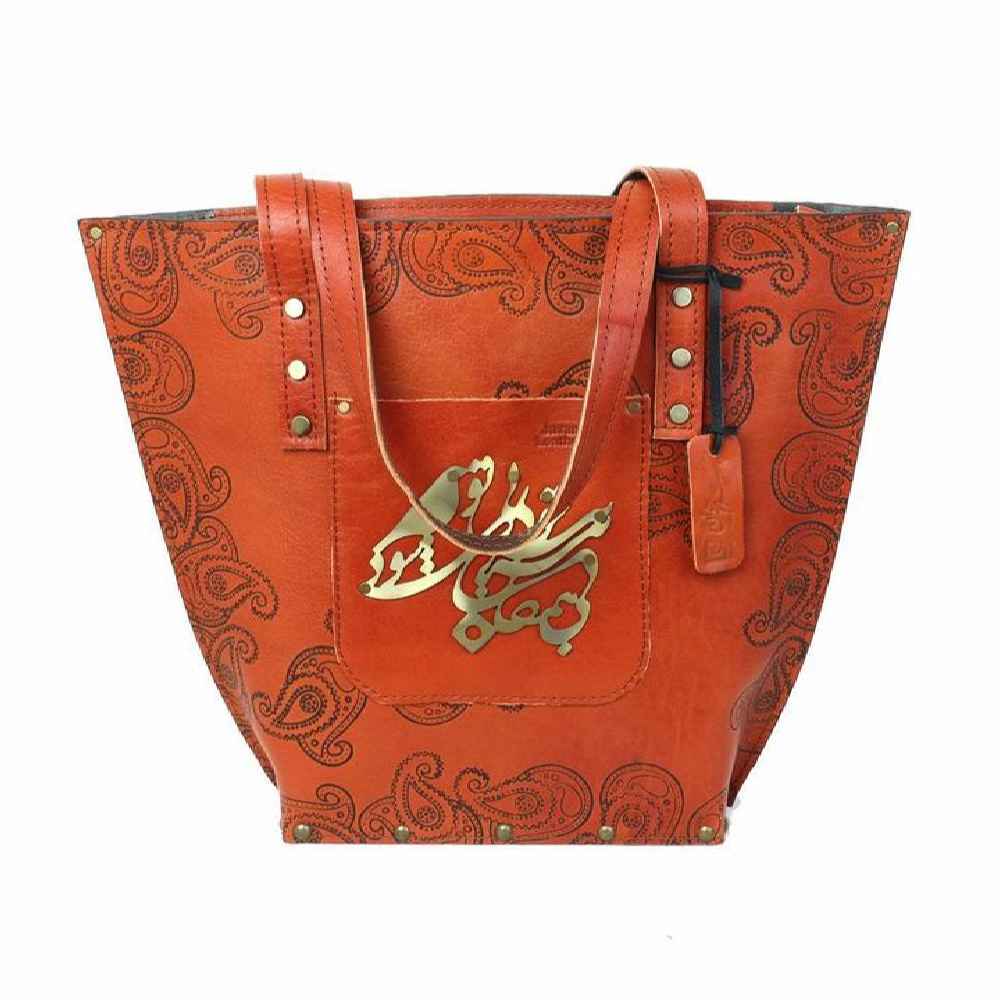 Price and Buy Handcrafted Leather Tote Bag with Persian Ghayeghi Design - Image 3