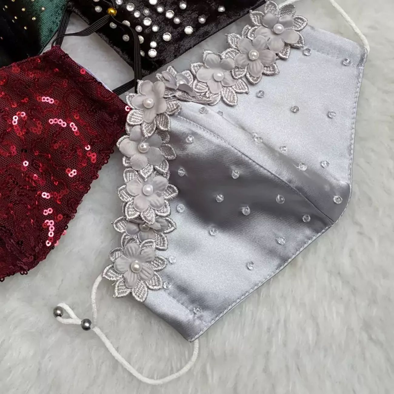 Price and Buy Handcrafted Mask with Floral Design and Crystal Embellishments in Gray Color_6901ea1902107.jpeg Price and Buy Handcrafted Mask with Floral Design and Crystal Embellishments in Gray Color - Image 1