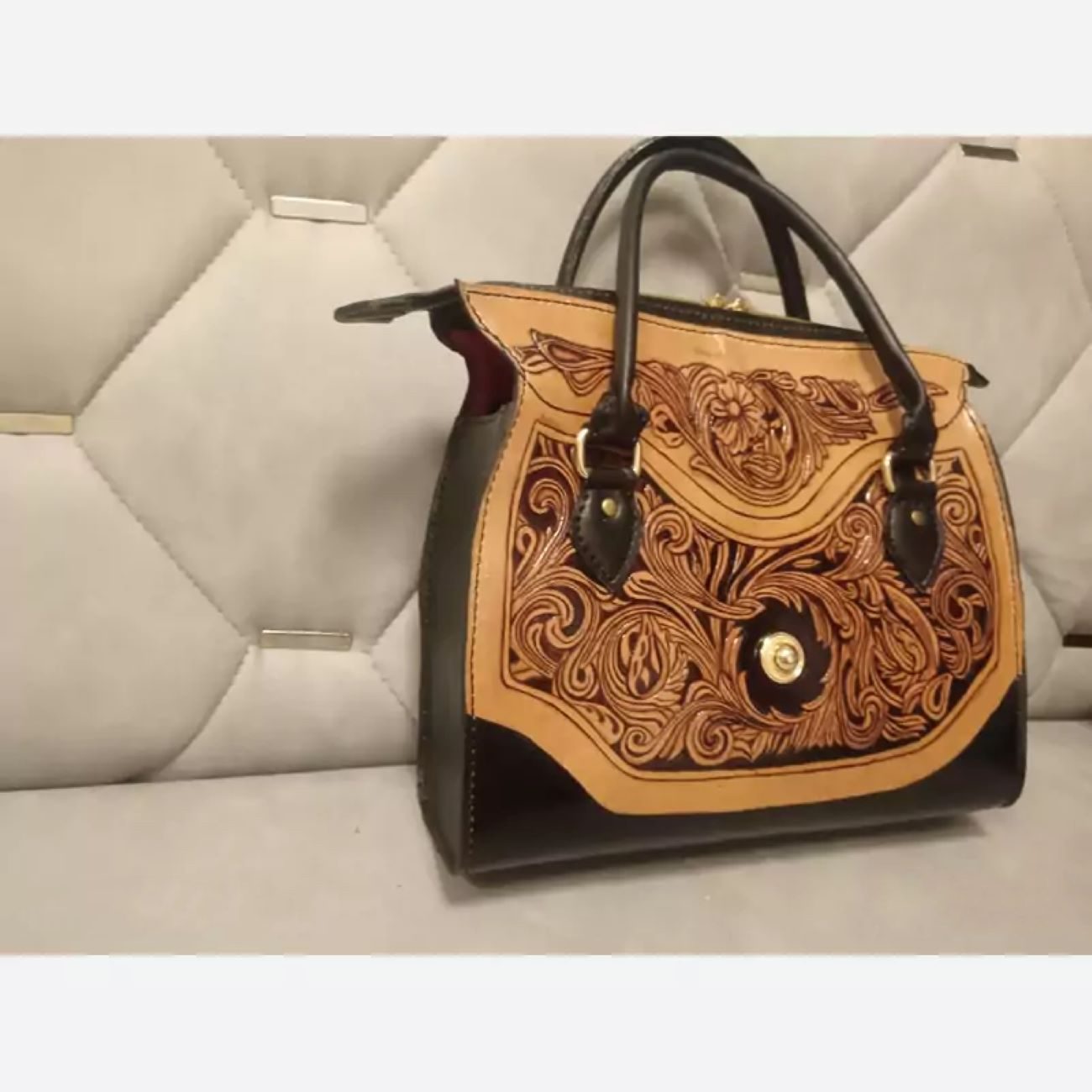 Price and Buy Handcrafted Natural Leather Bag – Hand Engraved, Painted, and Stitched with Intricate Carving Design - Image 4